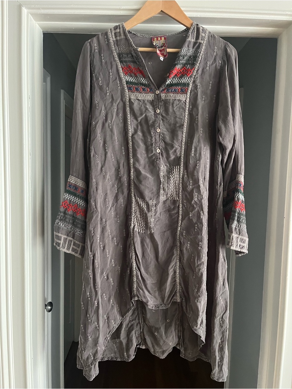Johnny Was Boho Embroidered Gray Tunic with Red & Teal Accents